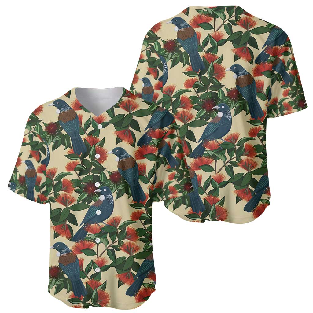 New Zealand Christmas Baseball Jersey Romantic Tui Birds on Pohutukawa - Ivory - Polynesian Pride