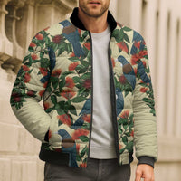 New Zealand Christmas Bomber Puffer Jacket Romantic Tui Birds on Pohutukawa - Ivory - Polynesian Pride
