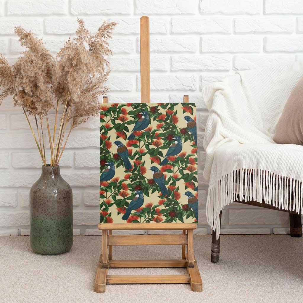 New Zealand Christmas Canvas Wall Art Romantic Tui Birds on Pohutukawa - Ivory - Polynesian Pride