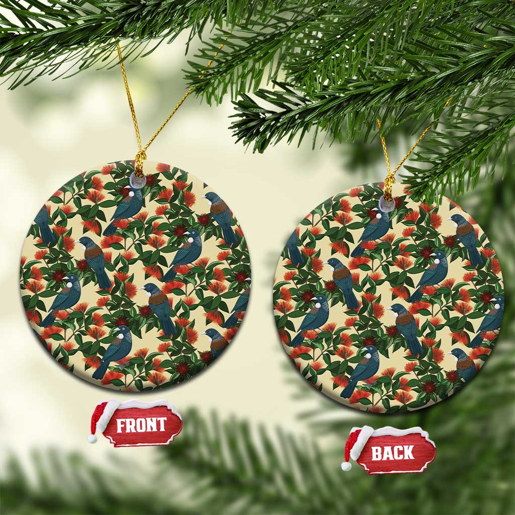 New Zealand Christmas Ceramic Ornament Romantic Tui Birds on Pohutukawa - Ivory - Polynesian Pride