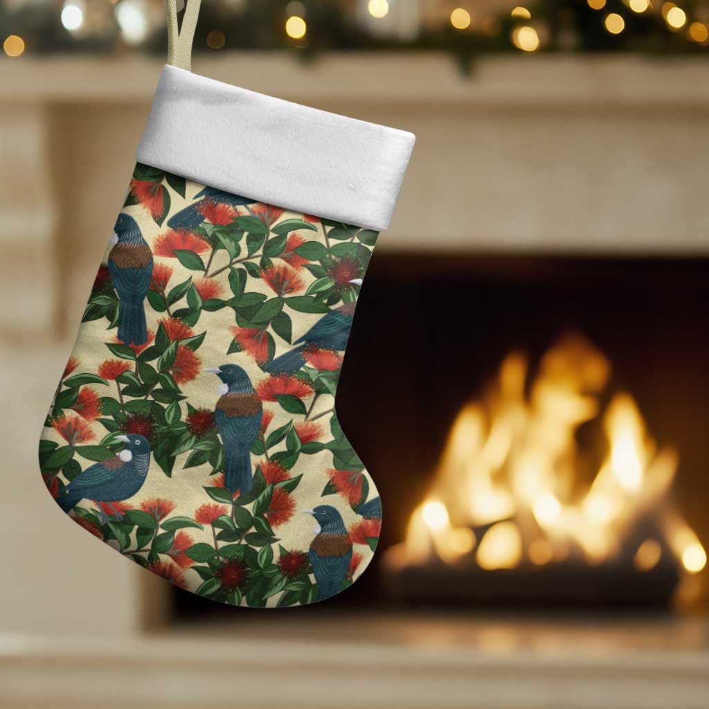 New Zealand Christmas Stocking Romantic Tui Birds on Pohutukawa - Ivory - Polynesian Pride