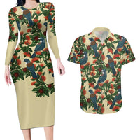 New Zealand Christmas Couples Matching Long Sleeve Bodycon Dress and Hawaiian Shirt Romantic Tui Birds on Pohutukawa - Ivory LT7 Ivory - Polynesian Pride