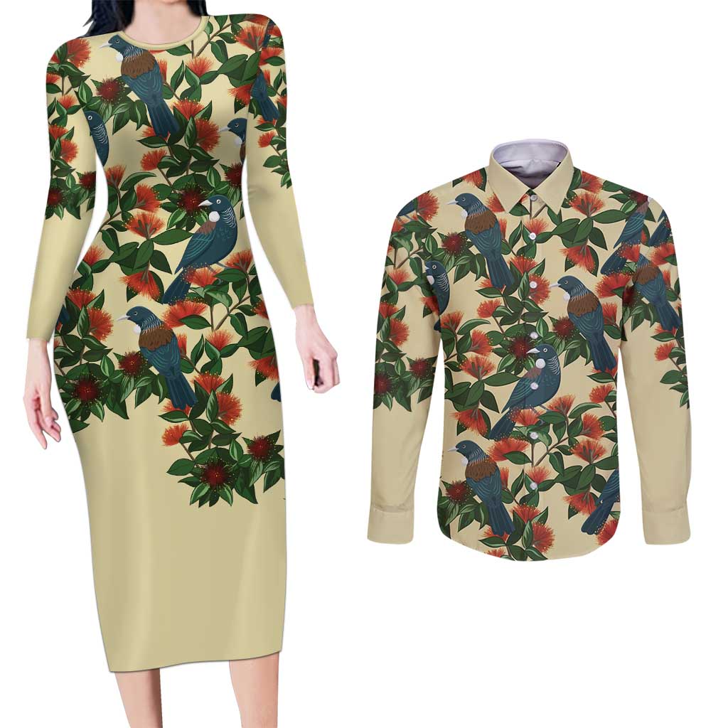 New Zealand Christmas Couples Matching Long Sleeve Bodycon Dress and Long Sleeve Button Shirt Romantic Tui Birds on Pohutukawa - Ivory LT7 Ivory - Polynesian Pride