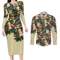 New Zealand Christmas Couples Matching Long Sleeve Bodycon Dress and Long Sleeve Button Shirt Romantic Tui Birds on Pohutukawa - Ivory LT7 Ivory - Polynesian Pride