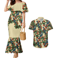 New Zealand Christmas Couples Matching Mermaid Dress and Hawaiian Shirt Romantic Tui Birds on Pohutukawa - Ivory LT7 Ivory - Polynesian Pride