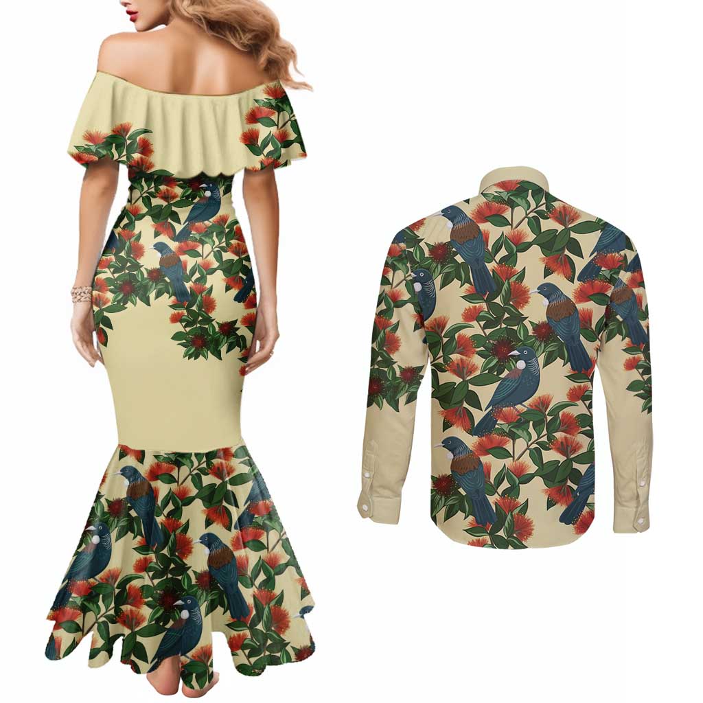New Zealand Christmas Couples Matching Mermaid Dress and Long Sleeve Button Shirt Romantic Tui Birds on Pohutukawa - Ivory LT7 - Polynesian Pride