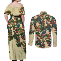 New Zealand Christmas Couples Matching Off Shoulder Maxi Dress and Long Sleeve Button Shirt Romantic Tui Birds on Pohutukawa - Ivory LT7 - Polynesian Pride