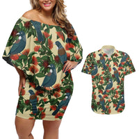 New Zealand Christmas Couples Matching Off Shoulder Short Dress and Hawaiian Shirt Romantic Tui Birds on Pohutukawa - Ivory LT7 Ivory - Polynesian Pride