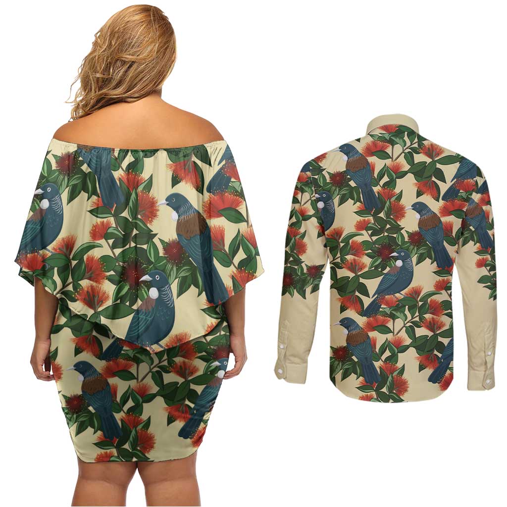 New Zealand Christmas Couples Matching Off Shoulder Short Dress and Long Sleeve Button Shirt Romantic Tui Birds on Pohutukawa - Ivory LT7 - Polynesian Pride
