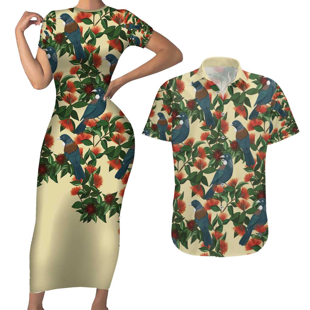 New Zealand Christmas Couples Matching Short Sleeve Bodycon Dress and Hawaiian Shirt Romantic Tui Birds on Pohutukawa - Ivory LT7 Ivory - Polynesian Pride