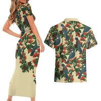New Zealand Christmas Couples Matching Short Sleeve Bodycon Dress and Hawaiian Shirt Romantic Tui Birds on Pohutukawa - Ivory LT7 - Polynesian Pride