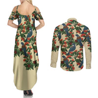 New Zealand Christmas Couples Matching Summer Maxi Dress and Long Sleeve Button Shirt Romantic Tui Birds on Pohutukawa - Ivory LT7 - Polynesian Pride