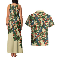 New Zealand Christmas Couples Matching Tank Maxi Dress and Hawaiian Shirt Romantic Tui Birds on Pohutukawa - Ivory LT7 - Polynesian Pride