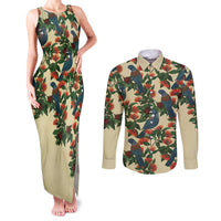 New Zealand Christmas Couples Matching Tank Maxi Dress and Long Sleeve Button Shirt Romantic Tui Birds on Pohutukawa - Ivory LT7 Ivory - Polynesian Pride