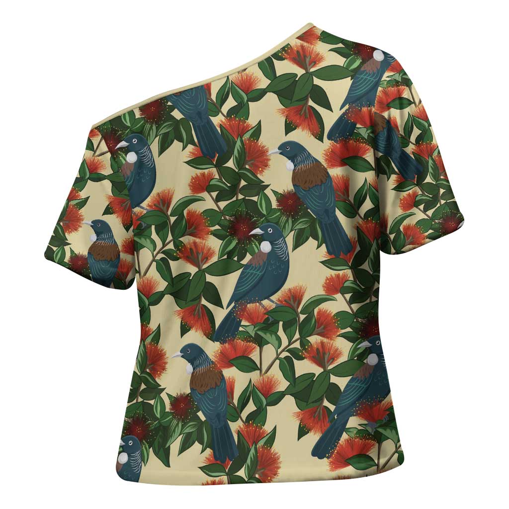 New Zealand Christmas Cross Shoulder Shirt Romantic Tui Birds on Pohutukawa - Ivory - Polynesian Pride
