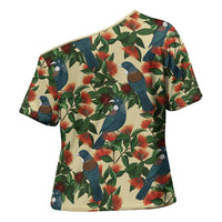 New Zealand Christmas Cross Shoulder Shirt Romantic Tui Birds on Pohutukawa - Ivory - Polynesian Pride