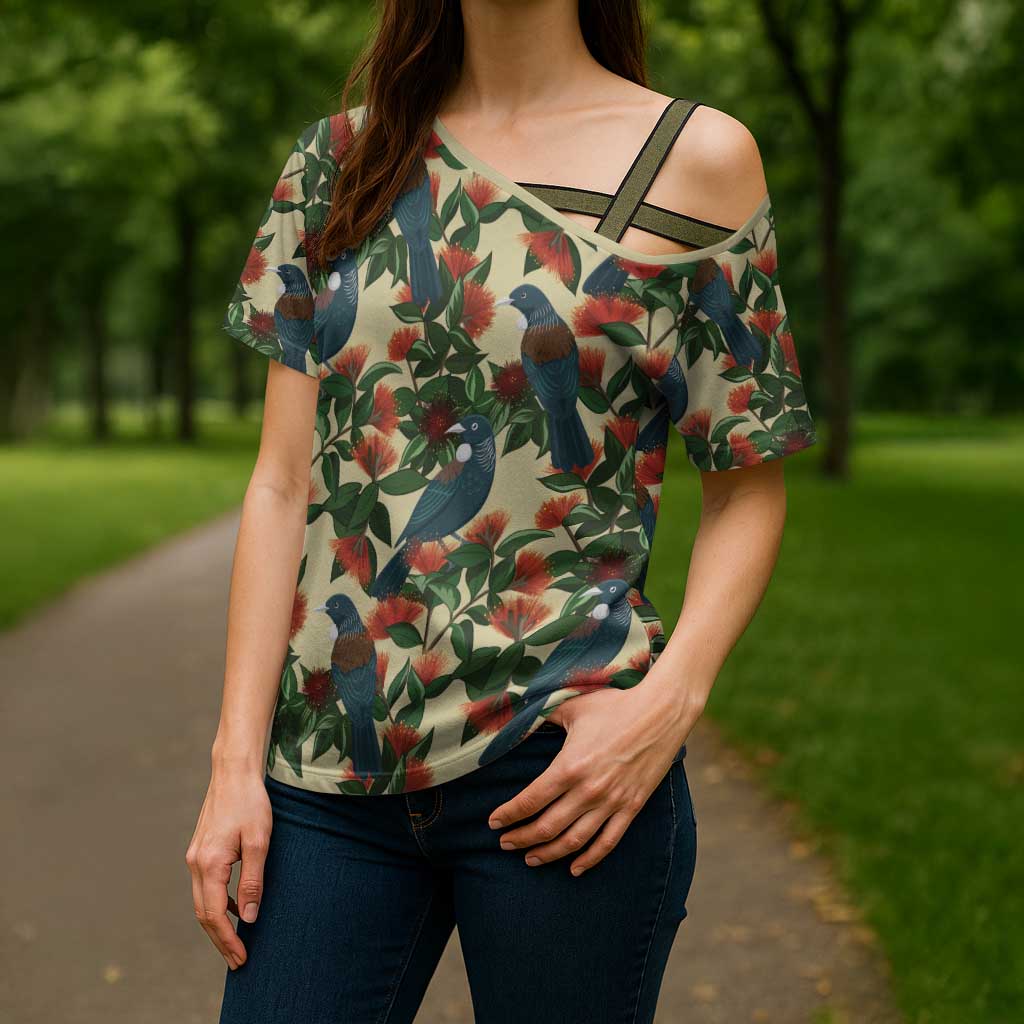 New Zealand Christmas Cross Shoulder Shirt Romantic Tui Birds on Pohutukawa - Ivory - Polynesian Pride