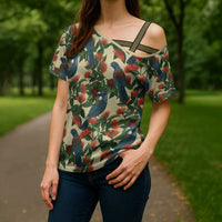New Zealand Christmas Cross Shoulder Shirt Romantic Tui Birds on Pohutukawa - Ivory - Polynesian Pride