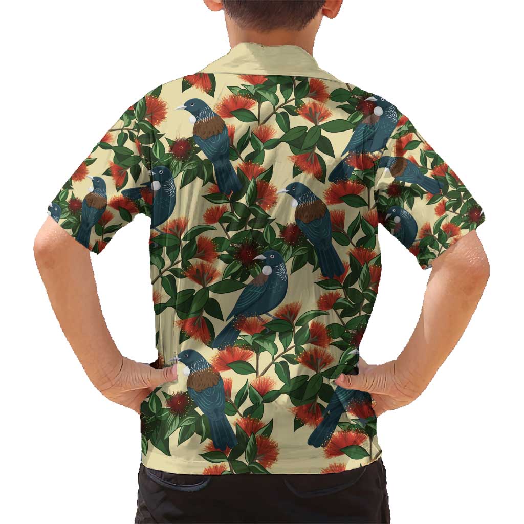 New Zealand Christmas Family Matching Long Sleeve Bodycon Dress and Hawaiian Shirt Romantic Tui Birds on Pohutukawa - Ivory LT7 - Polynesian Pride