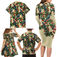 New Zealand Christmas Family Matching Long Sleeve Bodycon Dress and Hawaiian Shirt Romantic Tui Birds on Pohutukawa - Ivory LT7 - Polynesian Pride