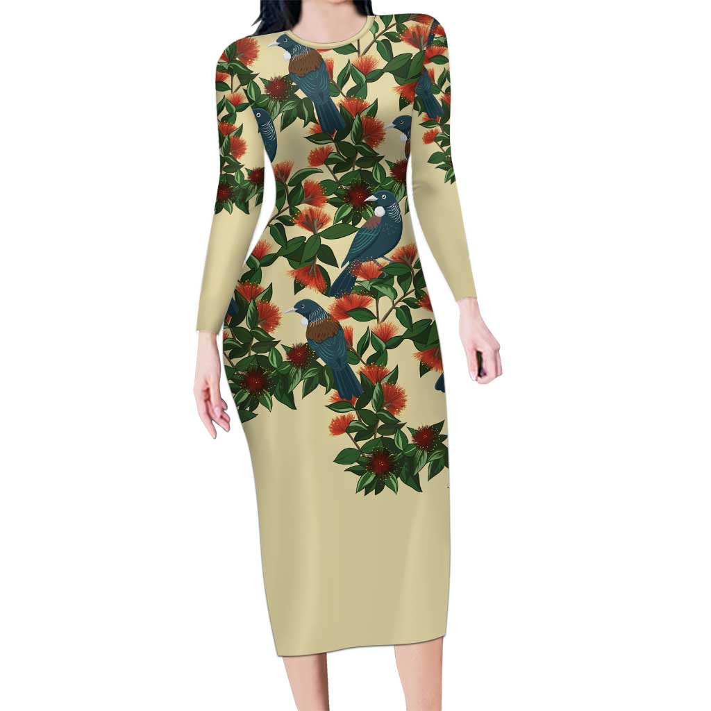 New Zealand Christmas Family Matching Long Sleeve Bodycon Dress and Hawaiian Shirt Romantic Tui Birds on Pohutukawa - Ivory LT7 Mom's Dress Ivory - Polynesian Pride