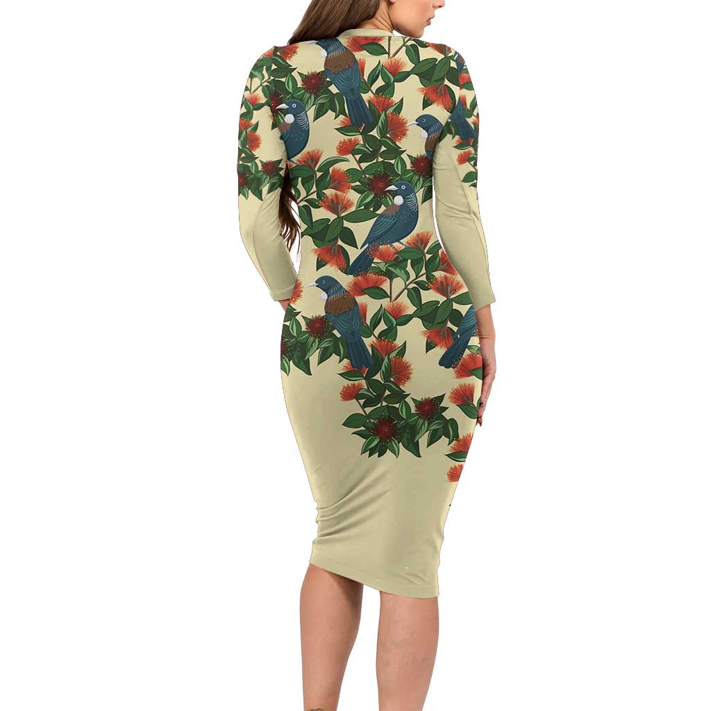 New Zealand Christmas Family Matching Long Sleeve Bodycon Dress and Hawaiian Shirt Romantic Tui Birds on Pohutukawa - Ivory LT7 - Polynesian Pride