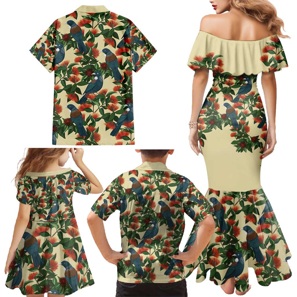 New Zealand Christmas Family Matching Mermaid Dress and Hawaiian Shirt Romantic Tui Birds on Pohutukawa - Ivory LT7 - Polynesian Pride