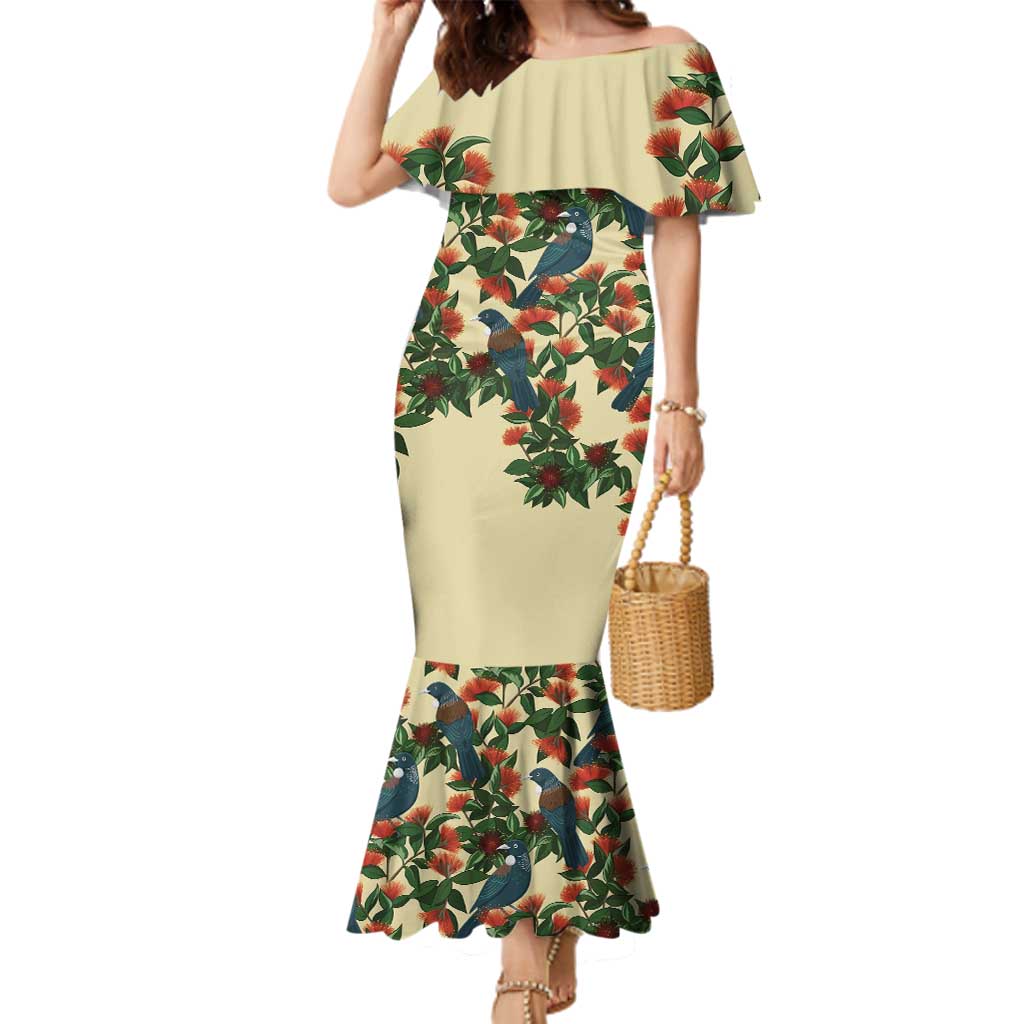 New Zealand Christmas Family Matching Mermaid Dress and Hawaiian Shirt Romantic Tui Birds on Pohutukawa - Ivory LT7 Mom's Dress Ivory - Polynesian Pride