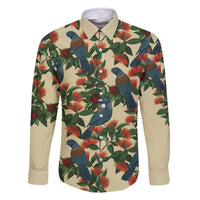 New Zealand Christmas Family Matching Off The Shoulder Long Sleeve Dress and Hawaiian Shirt Romantic Tui Birds on Pohutukawa - Ivory LT7 Dad's Shirt - Long Sleeve Ivory - Polynesian Pride
