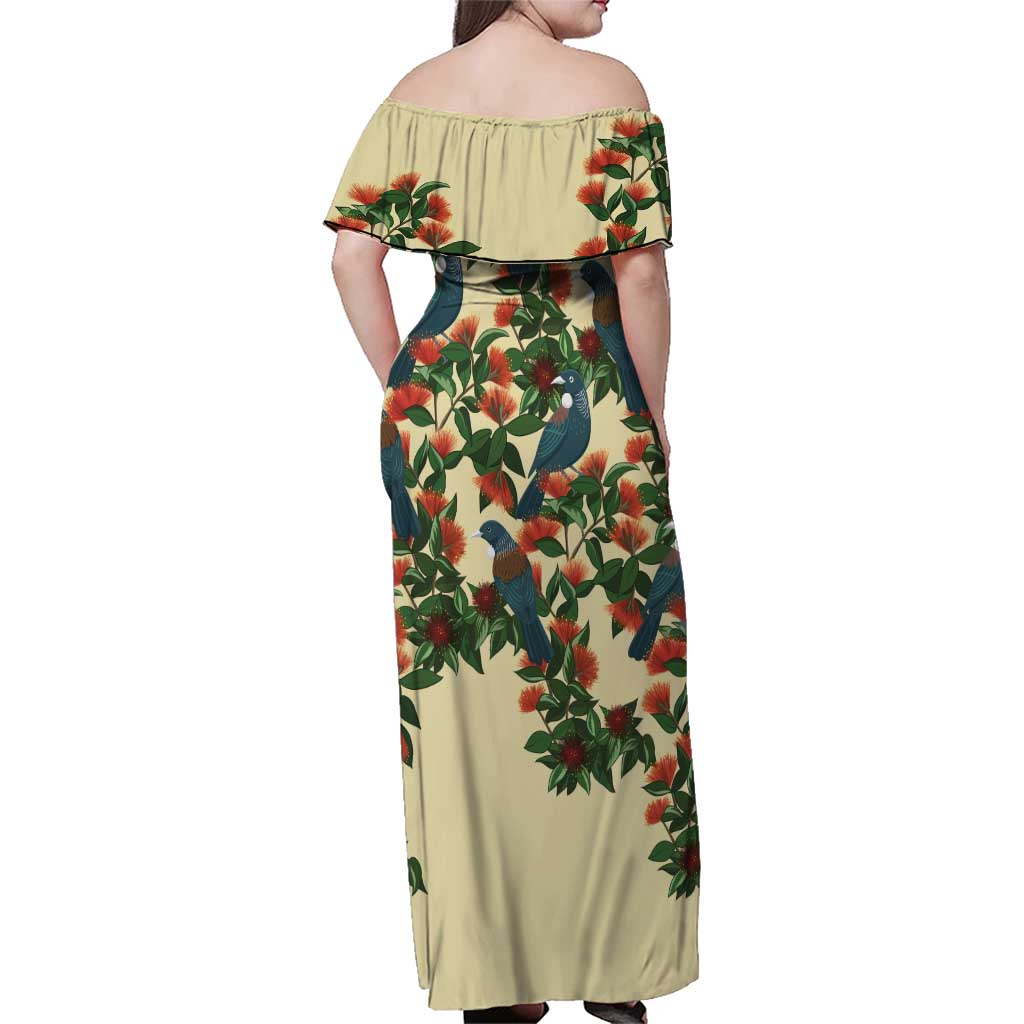 New Zealand Christmas Family Matching Off Shoulder Maxi Dress and Hawaiian Shirt Romantic Tui Birds on Pohutukawa - Ivory LT7 - Polynesian Pride