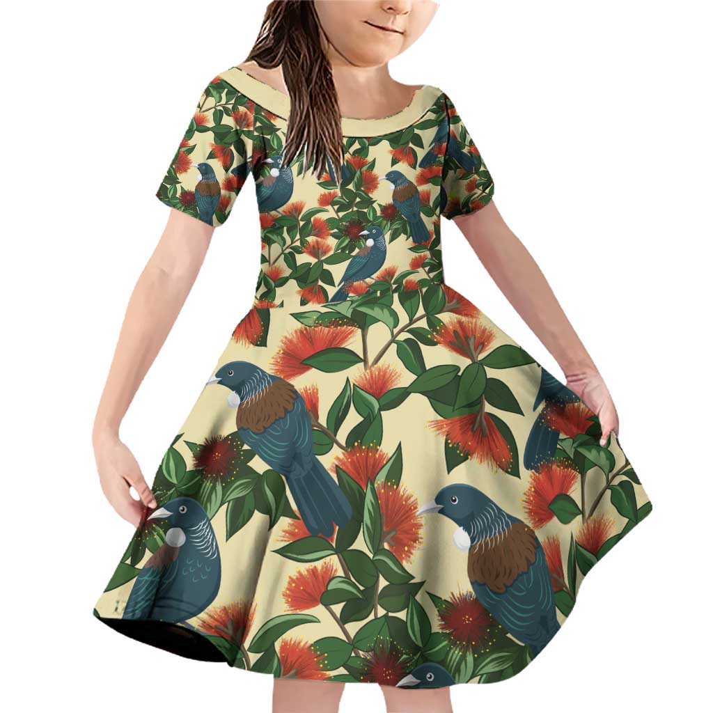 New Zealand Christmas Family Matching Off Shoulder Short Dress and Hawaiian Shirt Romantic Tui Birds on Pohutukawa - Ivory LT7 Daughter's Dress Ivory - Polynesian Pride