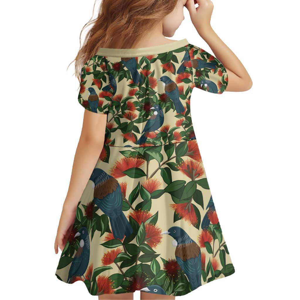 New Zealand Christmas Family Matching Off Shoulder Short Dress and Hawaiian Shirt Romantic Tui Birds on Pohutukawa - Ivory LT7 - Polynesian Pride