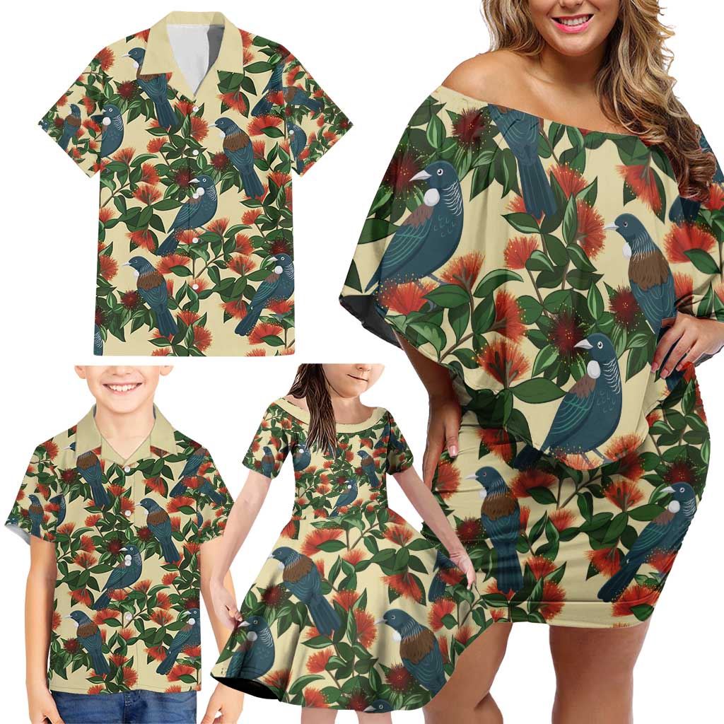 New Zealand Christmas Family Matching Off Shoulder Short Dress and Hawaiian Shirt Romantic Tui Birds on Pohutukawa - Ivory LT7 - Polynesian Pride