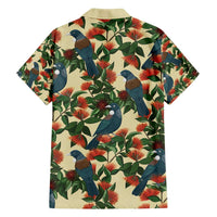 New Zealand Christmas Family Matching Off Shoulder Short Dress and Hawaiian Shirt Romantic Tui Birds on Pohutukawa - Ivory LT7 - Polynesian Pride