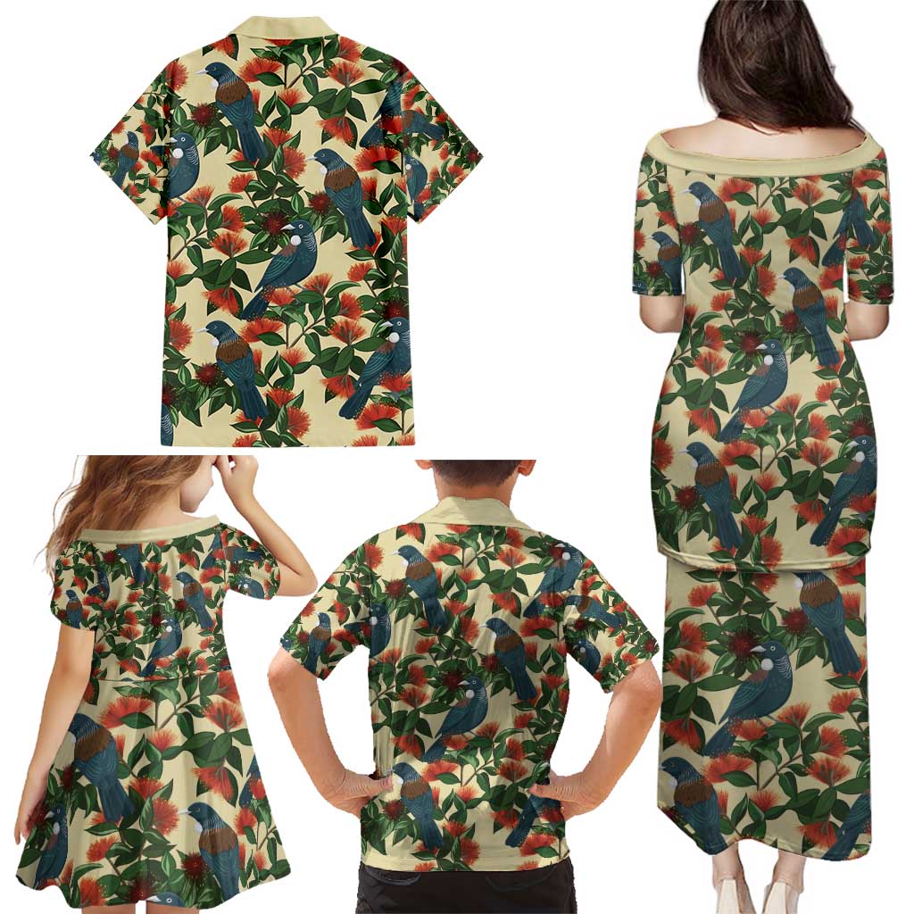 New Zealand Christmas Family Matching Puletasi and Hawaiian Shirt Romantic Tui Birds on Pohutukawa - Ivory LT7 - Polynesian Pride