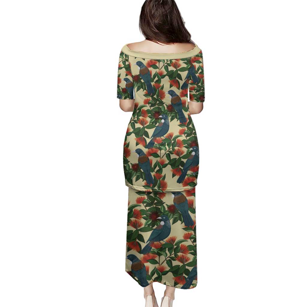 New Zealand Christmas Family Matching Puletasi and Hawaiian Shirt Romantic Tui Birds on Pohutukawa - Ivory LT7 - Polynesian Pride