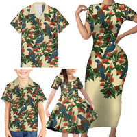 New Zealand Christmas Family Matching Short Sleeve Bodycon Dress and Hawaiian Shirt Romantic Tui Birds on Pohutukawa - Ivory LT7 - Polynesian Pride