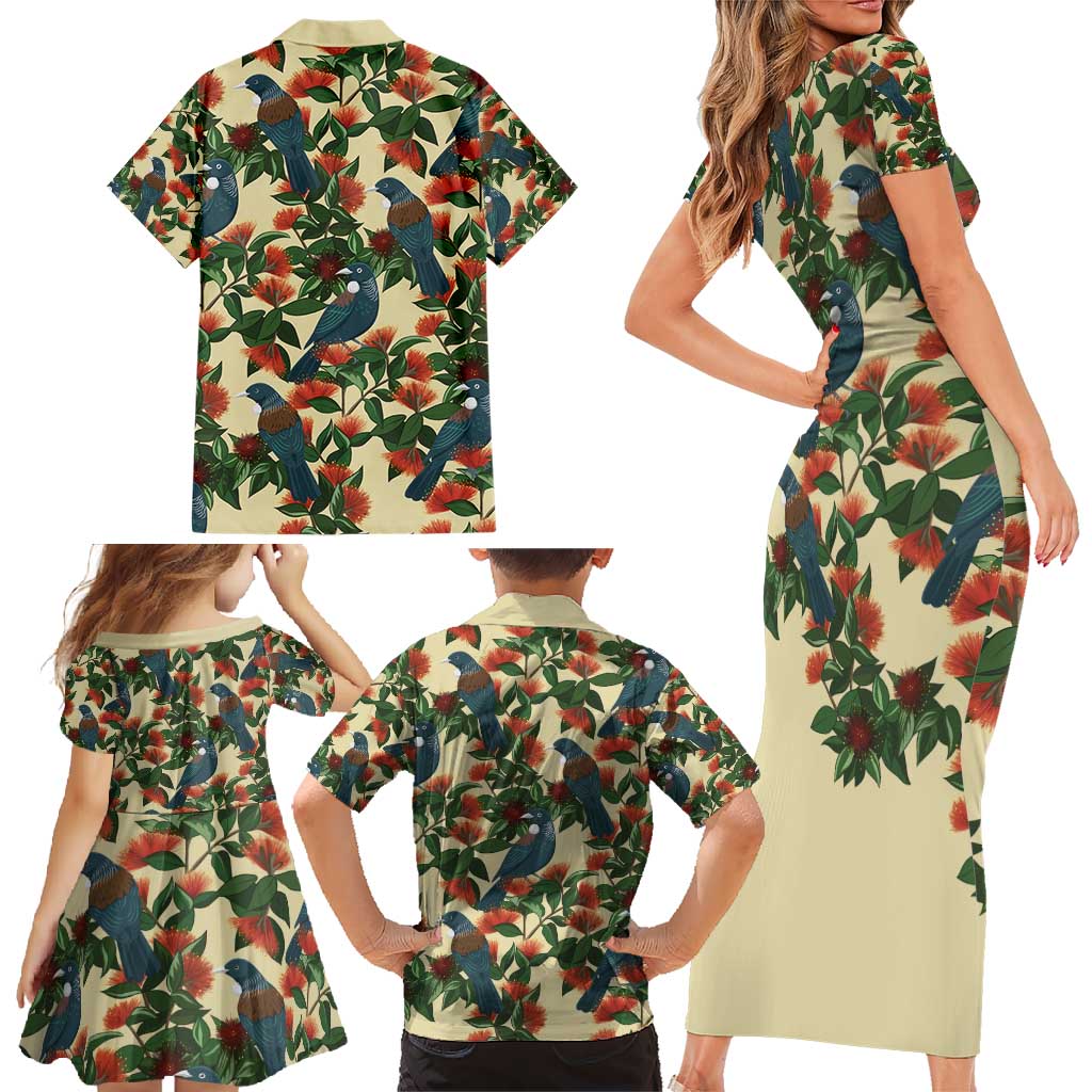 New Zealand Christmas Family Matching Short Sleeve Bodycon Dress and Hawaiian Shirt Romantic Tui Birds on Pohutukawa - Ivory LT7 - Polynesian Pride