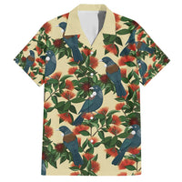 New Zealand Christmas Family Matching Short Sleeve Bodycon Dress and Hawaiian Shirt Romantic Tui Birds on Pohutukawa - Ivory LT7 Dad's Shirt - Short Sleeve Ivory - Polynesian Pride