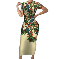 New Zealand Christmas Family Matching Short Sleeve Bodycon Dress and Hawaiian Shirt Romantic Tui Birds on Pohutukawa - Ivory LT7 Mom's Dress Ivory - Polynesian Pride