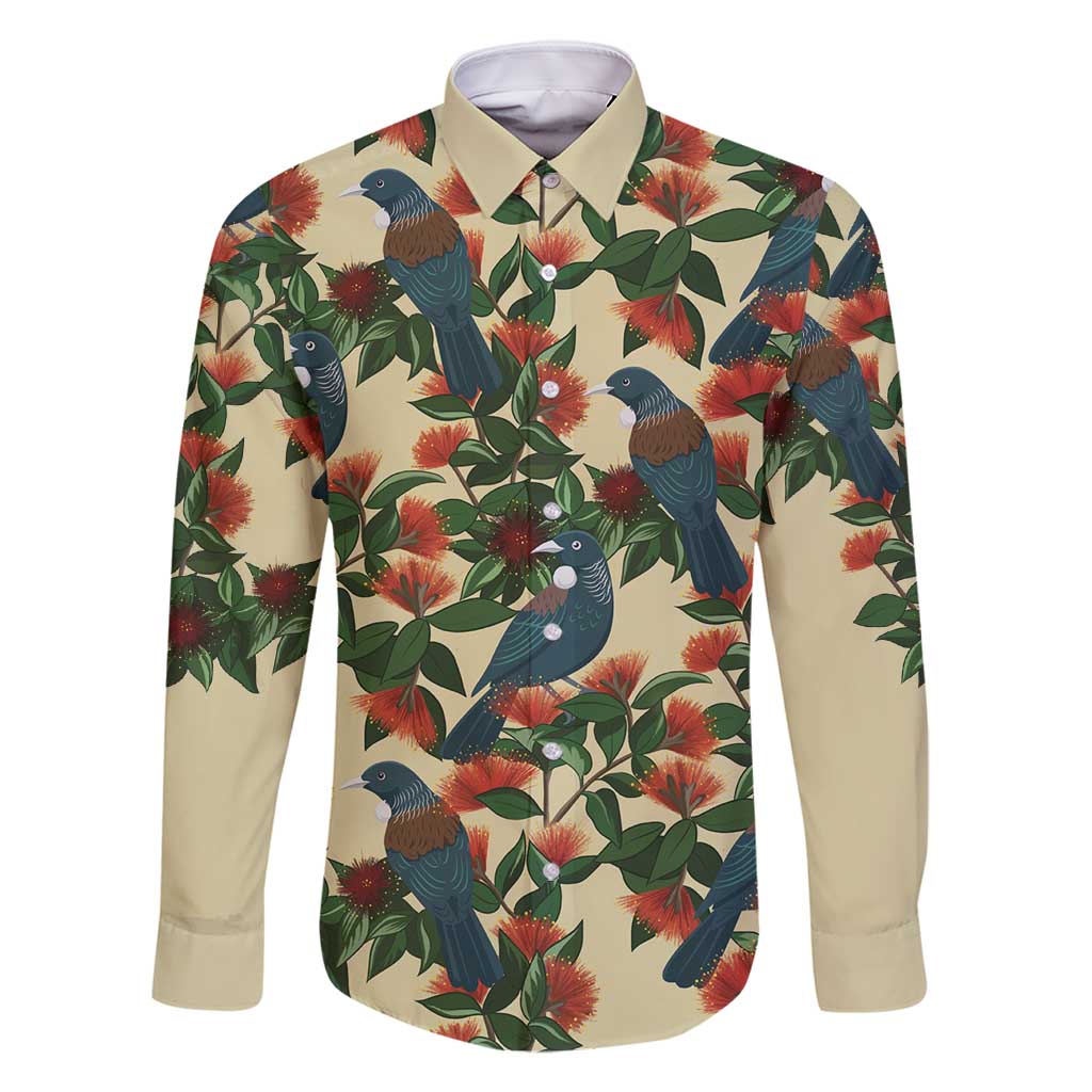 New Zealand Christmas Family Matching Summer Maxi Dress and Hawaiian Shirt Romantic Tui Birds on Pohutukawa - Ivory LT7 Dad's Shirt - Long Sleeve Ivory - Polynesian Pride