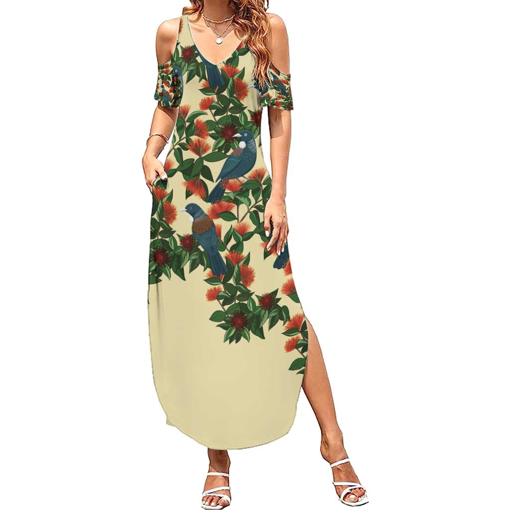 New Zealand Christmas Family Matching Summer Maxi Dress and Hawaiian Shirt Romantic Tui Birds on Pohutukawa - Ivory LT7 Mom's Dress Ivory - Polynesian Pride