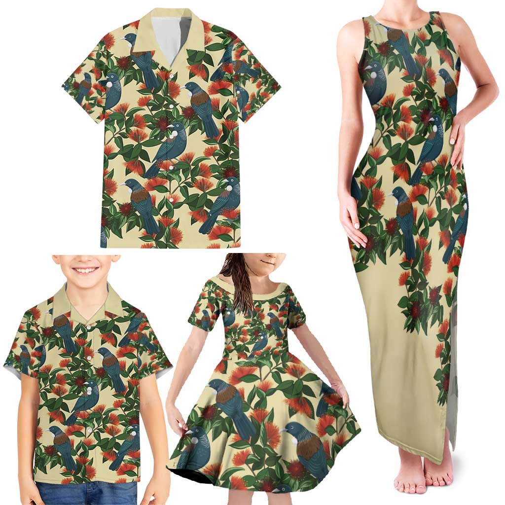 New Zealand Christmas Family Matching Tank Maxi Dress and Hawaiian Shirt Romantic Tui Birds on Pohutukawa - Ivory LT7 - Polynesian Pride