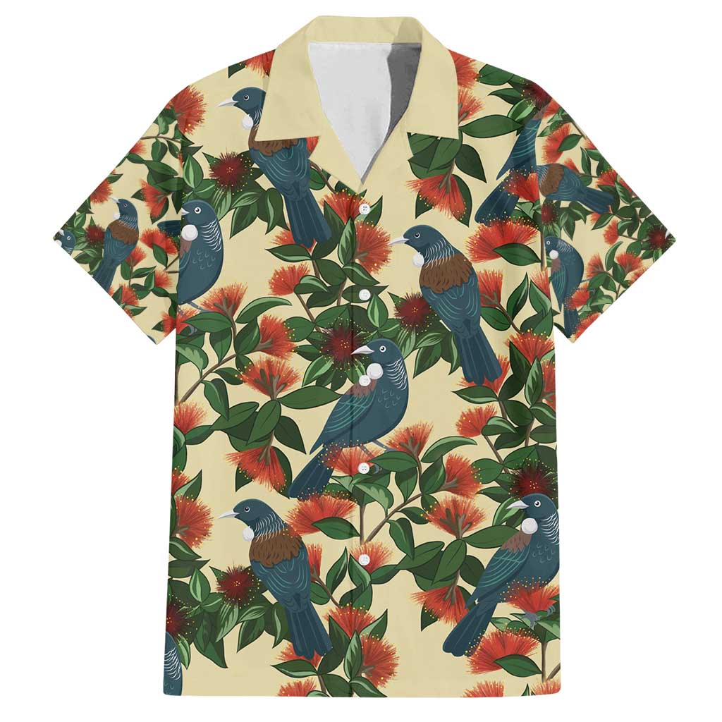 New Zealand Christmas Family Matching Tank Maxi Dress and Hawaiian Shirt Romantic Tui Birds on Pohutukawa - Ivory LT7 Dad's Shirt - Short Sleeve Ivory - Polynesian Pride