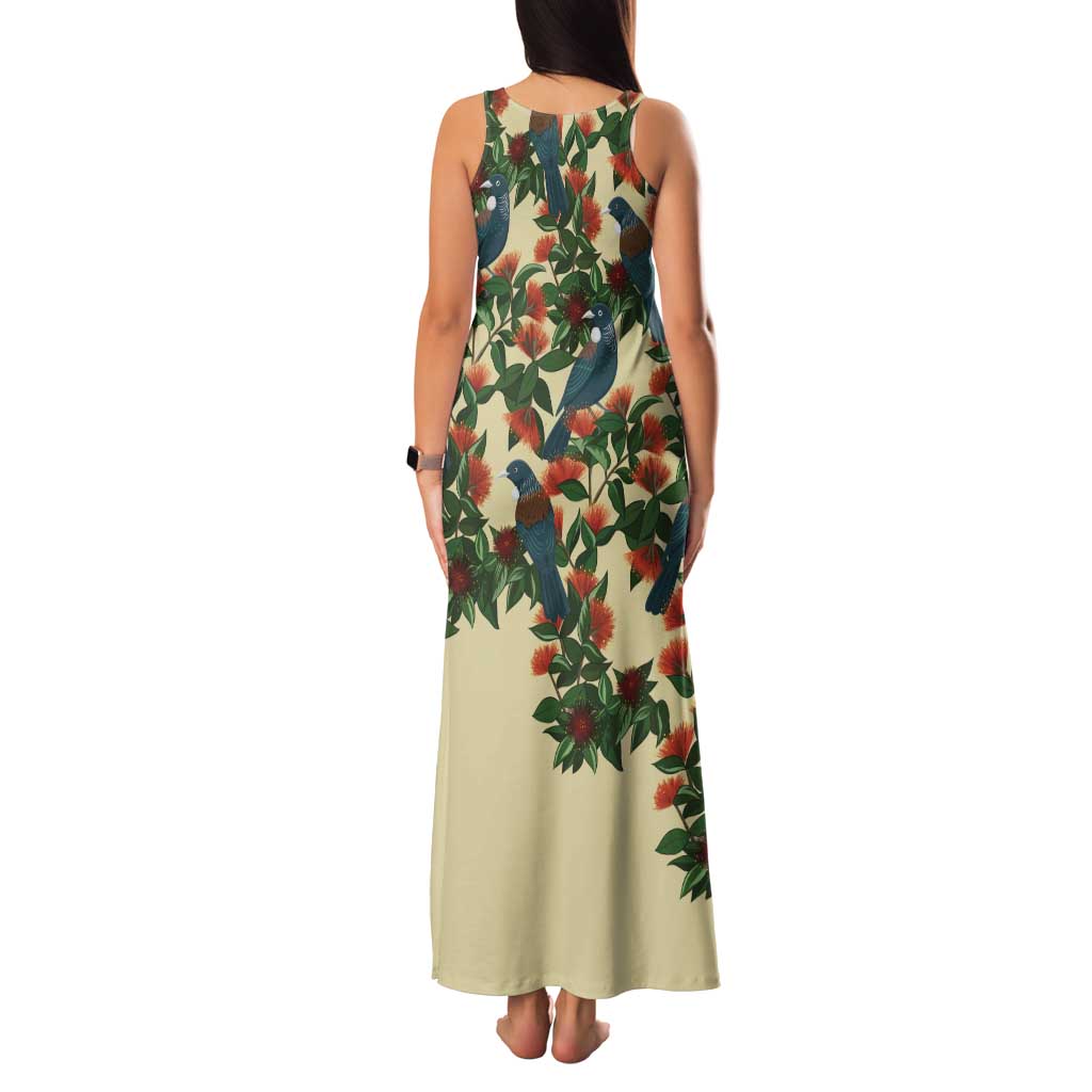 New Zealand Christmas Family Matching Tank Maxi Dress and Hawaiian Shirt Romantic Tui Birds on Pohutukawa - Ivory LT7 - Polynesian Pride
