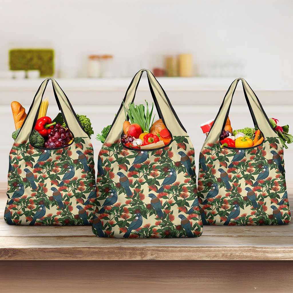 New Zealand Christmas Grocery Bag Romantic Tui Birds on Pohutukawa - Ivory - Polynesian Pride