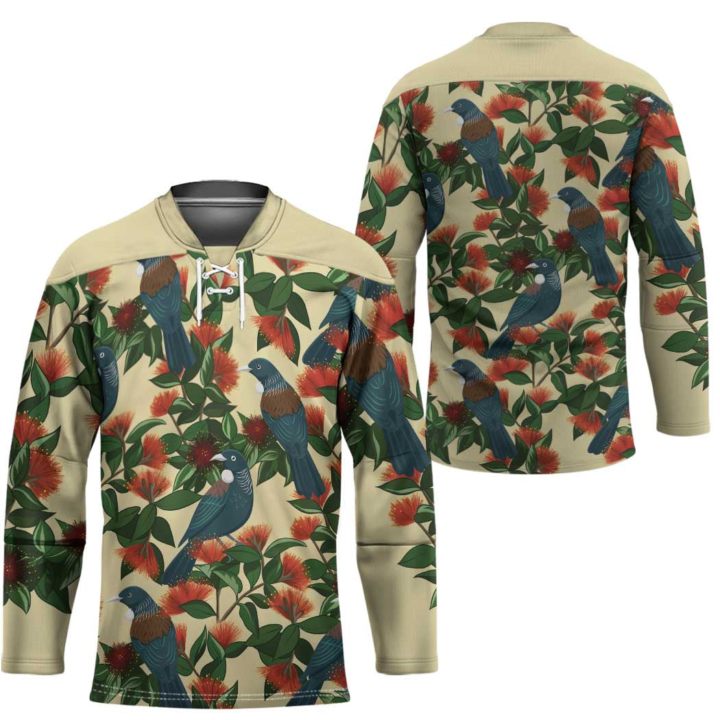 New Zealand Christmas Hockey Jersey Romantic Tui Birds on Pohutukawa - Ivory - Polynesian Pride