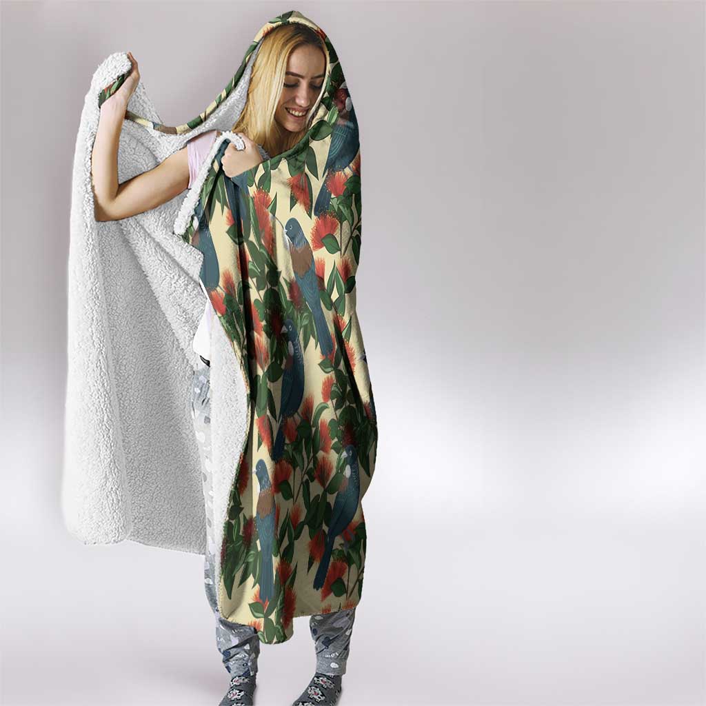New Zealand Christmas Hooded Blanket Romantic Tui Birds on Pohutukawa - Ivory - Polynesian Pride