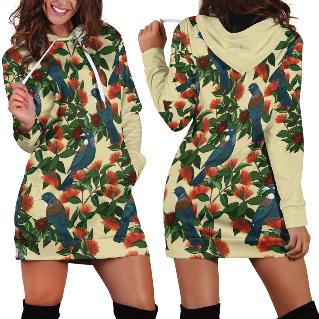 New Zealand Christmas Hoodie Dress Romantic Tui Birds on Pohutukawa - Ivory LT7 - Polynesian Pride
