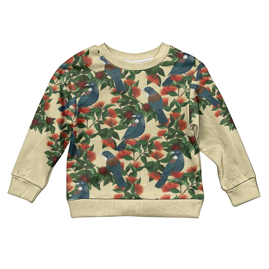 New Zealand Christmas Kid Ugly Christmas Sweater Romantic Tui Birds on Pohutukawa - Ivory - Polynesian Pride